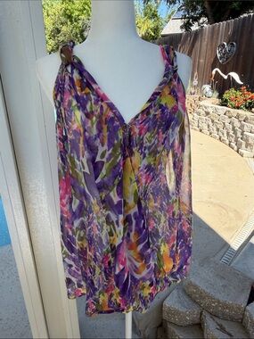 CAbi - Floral Sheer Tie-Shoulder Women's Tank Top - Purple Multi
